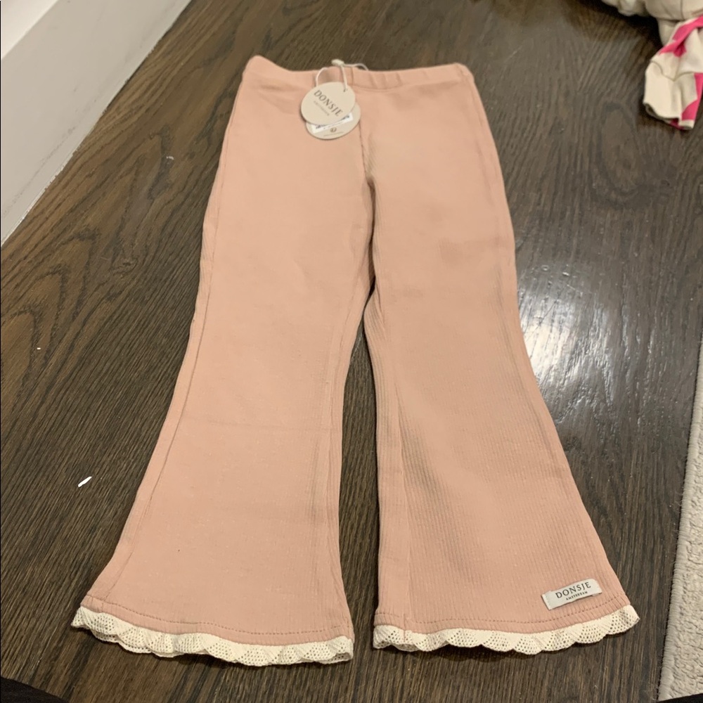 Girls Light Pink Ribbed Flare Leggings with Lace Trim - Picture 4 of 5